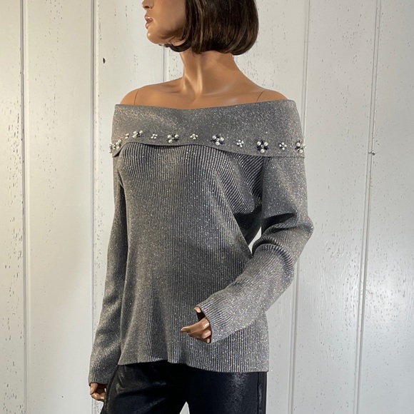 *Lauren Michelle Women’s Grey Off The Shoulder Sweater Sz L - Picture 8 of 13